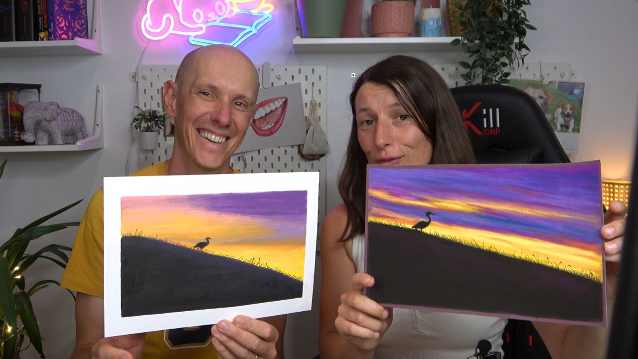 Dessin de paysage d'oiseau au coucher du soleil réalisé au pastel sec