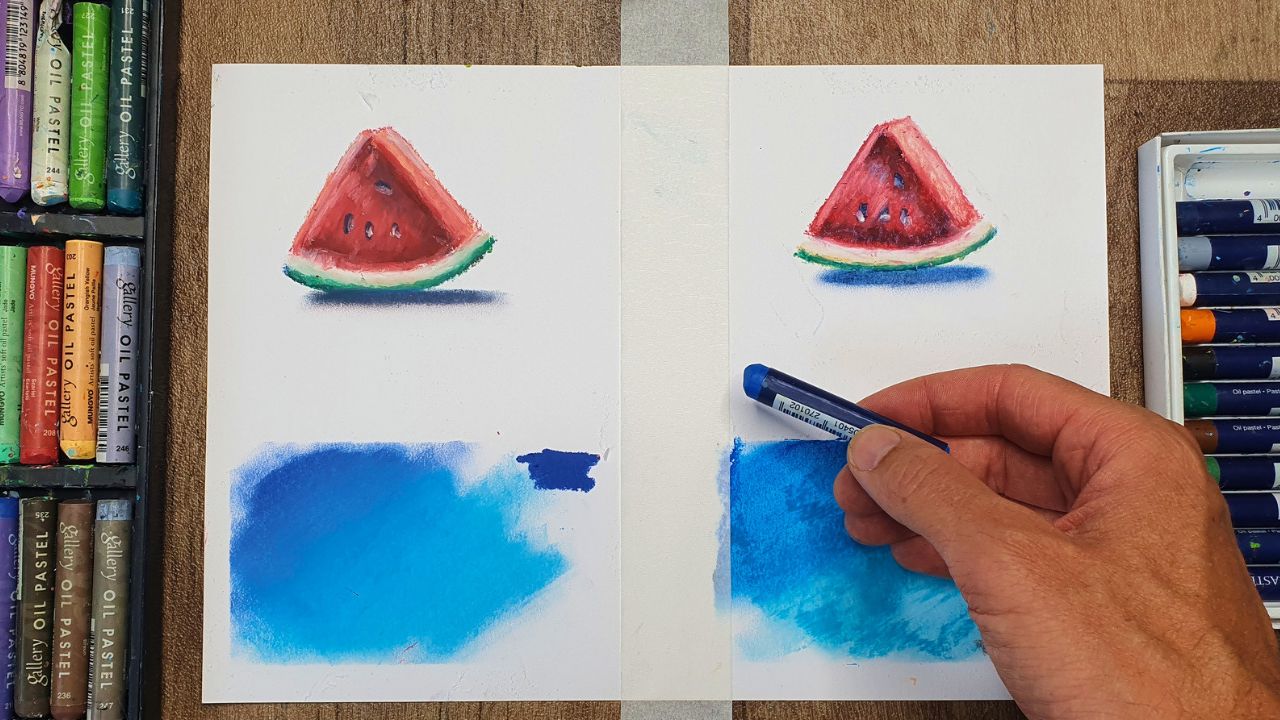 Exercices de comparaison aux pastels gras de deux marques de pastel par Jérôme Vasseur