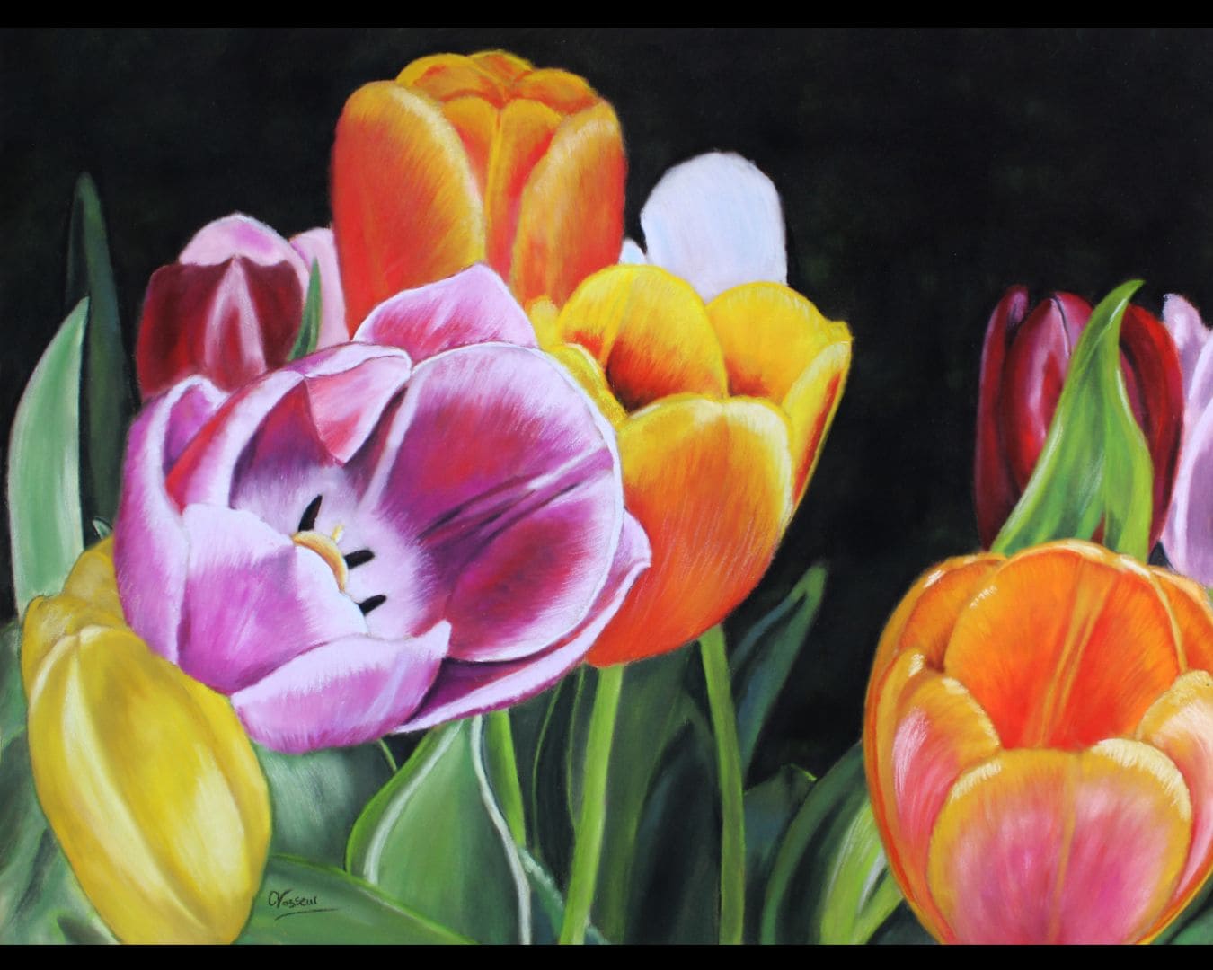 tableau au pastel sec de tulipe rose, orange, jaune par Céline Vasseur