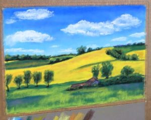 paysage au pastel sec d'une campagne par Céline Vasseur